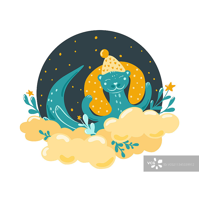 可爱水獭睡在云朵上儿童插画图片素材