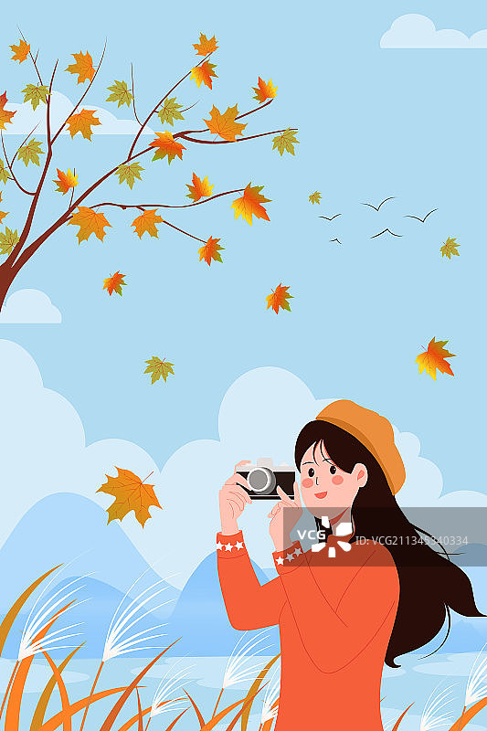 拿着相机照相的女孩矢量竖版插画图片素材