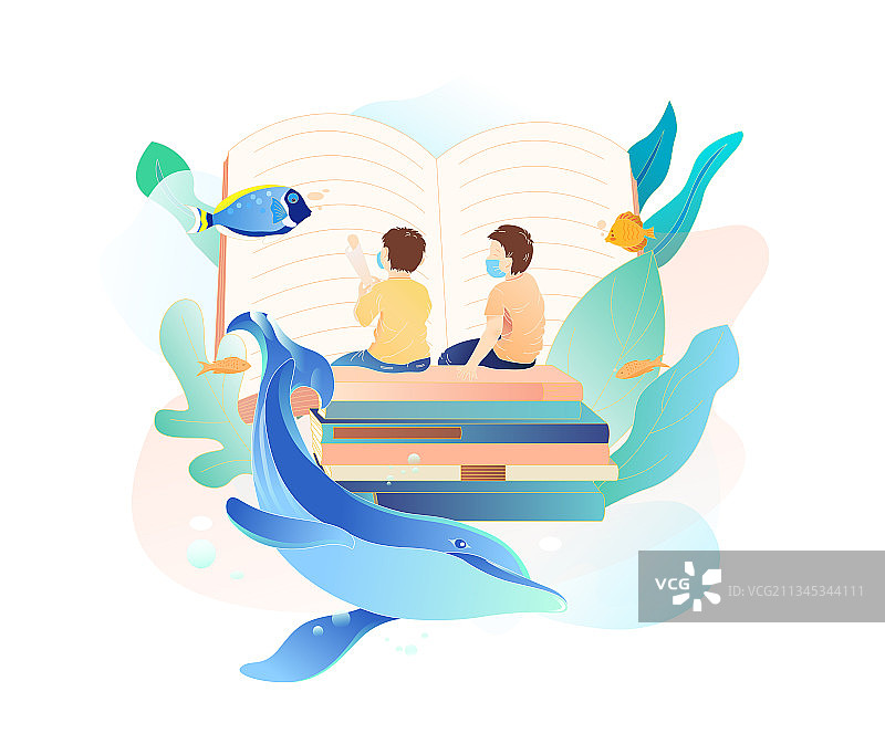 两个戴口罩的男孩在知识的海洋插画图片素材