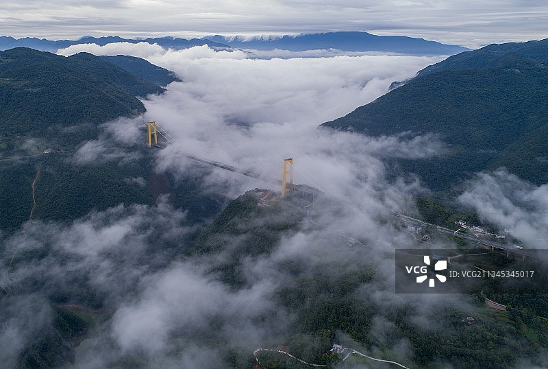 泗渡河特大桥在云海中跨越图片素材