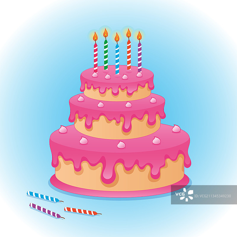 有五根燃烧蜡烛的粉色生日蛋糕图片素材