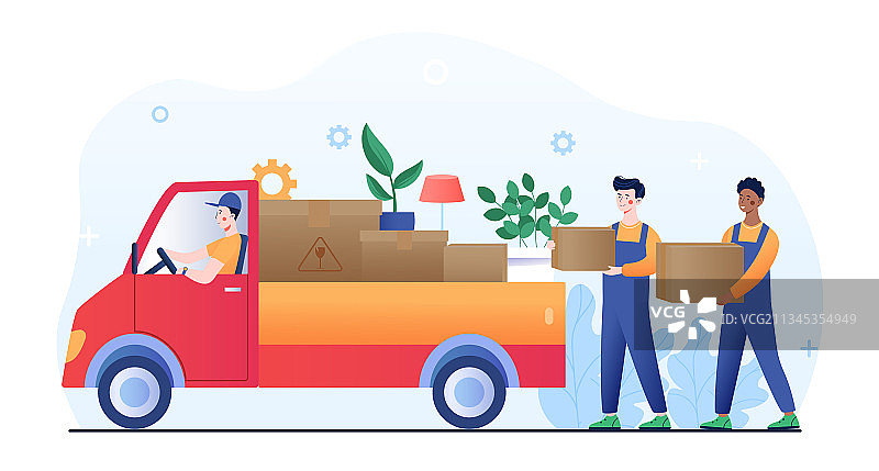 青年男工人在卡车上装东西图片素材