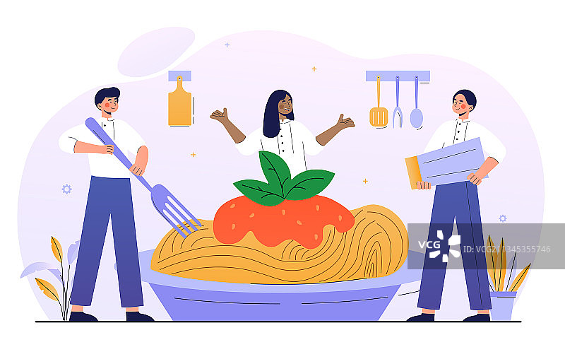 微笑的男女厨师正在制作意大利面图片素材