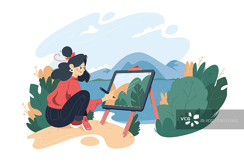 在户外画画的女孩图片素材