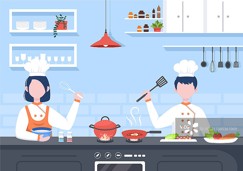 厨师在厨房用托盘烹饪图片素材