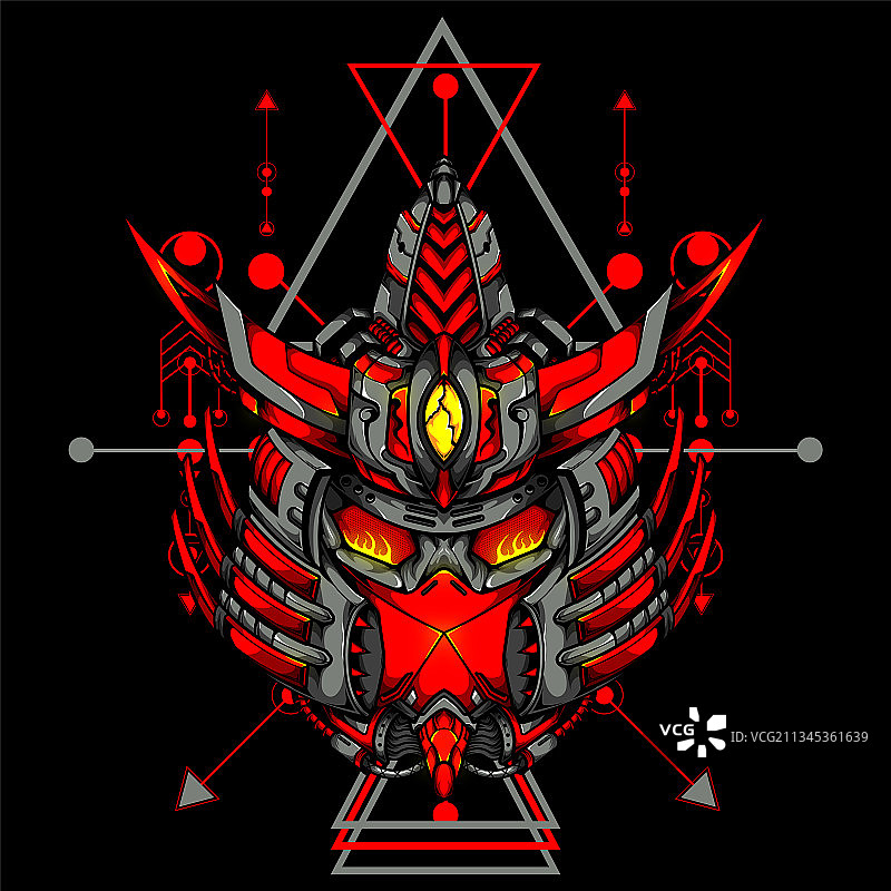 日本武士机器人与圣几何图案罐图片素材