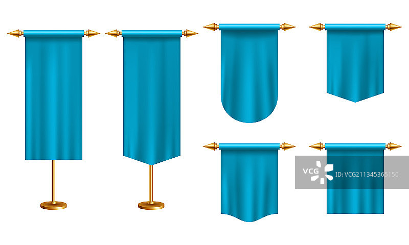 金色背景上不同形状的蓝色长条三角旗图片素材
