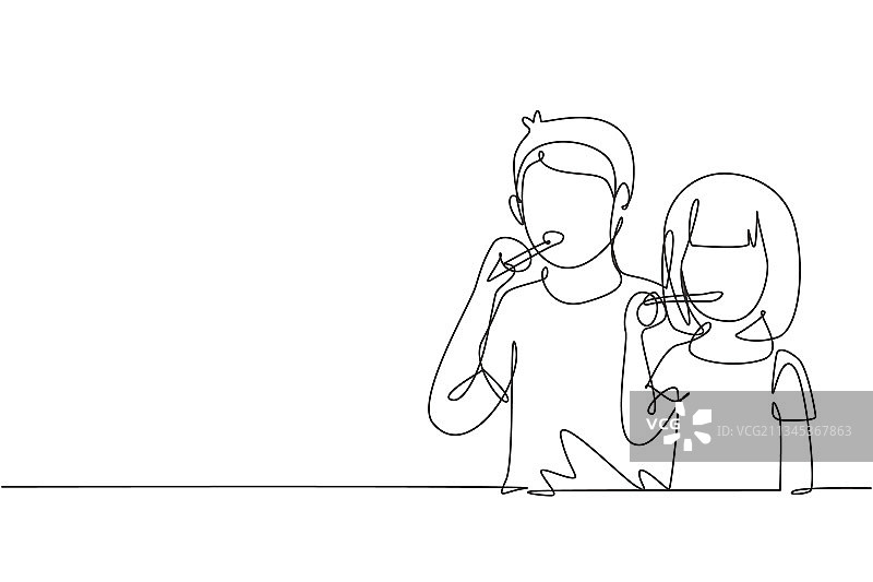 单线连续绘画两个男孩和女孩图片素材