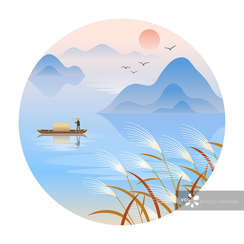 芦苇和山水小船等插画圆版图片素材