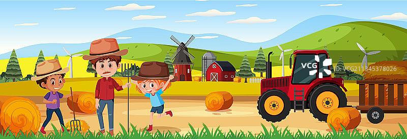 农场横向风景，农民和孩子图片素材