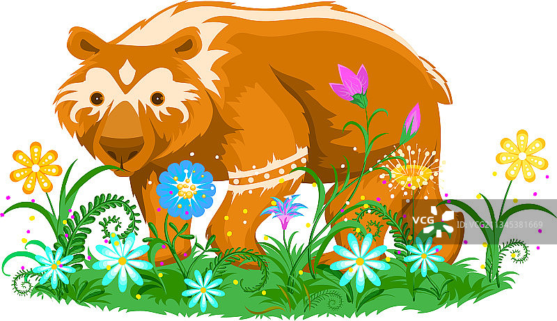 花丛草地上的棕熊图腾动物标志图片素材