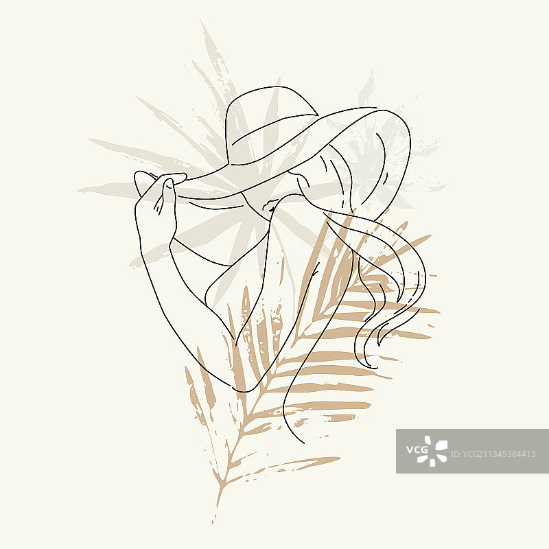 热带树叶背景下的女模特图片素材