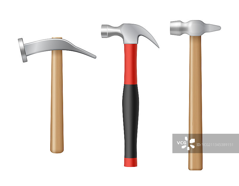 带橡胶和木柄的逼真铁锤套装图片素材