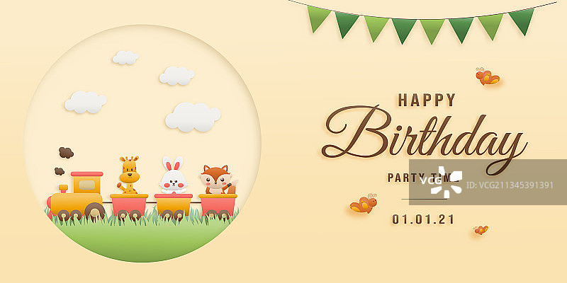 火车上的可爱动物生日贺卡图片素材