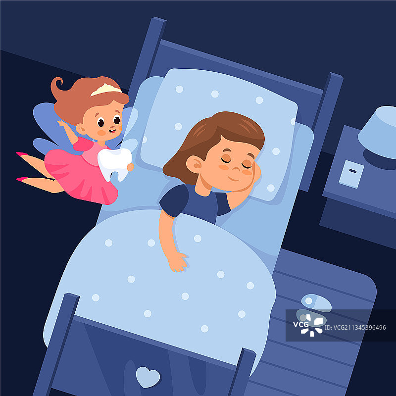 牙仙和睡着的卡通女孩图片素材