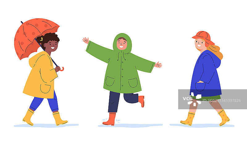 穿着雨衣的孩子们在雨中行走图片素材