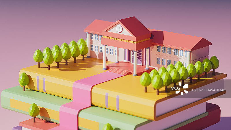 3D卡通风格开学季书籍上的图书馆插图图片素材