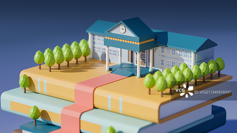 3D卡通风格开学季书籍上的图书馆插图图片素材