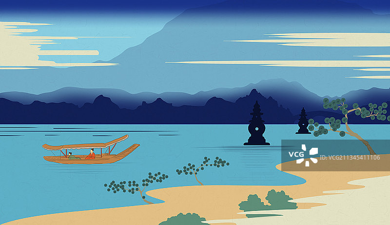 中国风杭州西湖风景日式浮世绘风格城市著名景点地标旅游背景插画图片素材