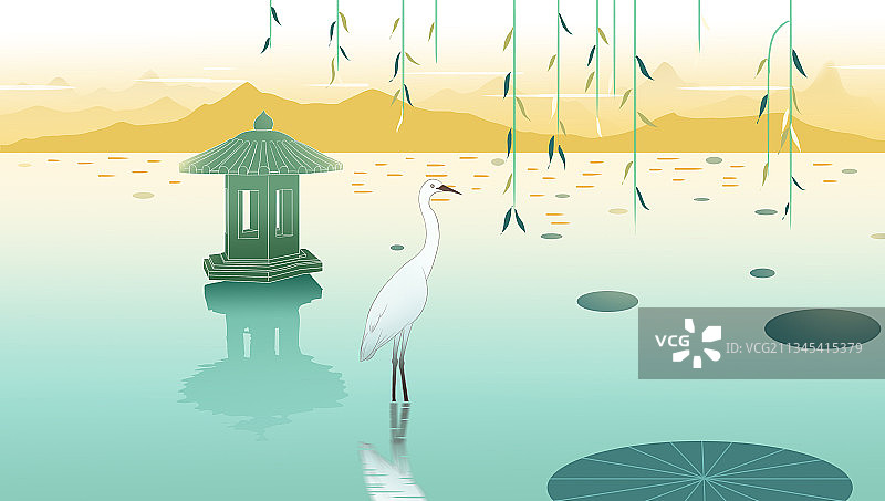 中国风国家地理旅游城市西湖风景清晨节日节气白露古风背景插画图片素材