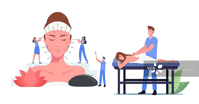卡通人物接受针灸治疗图片素材