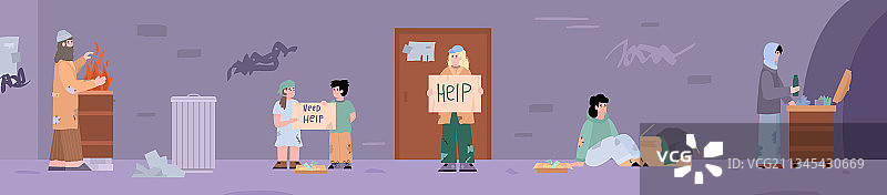 无家可归的成年人和孩子们乞讨图片素材