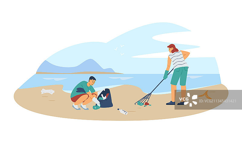 志愿者在环保活动中清理海滩图片素材