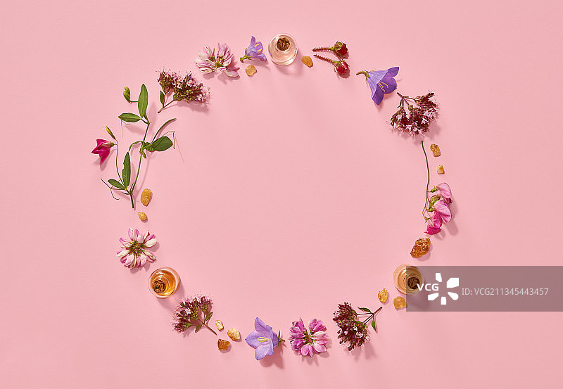粉色背景上的花环俯视图图片素材