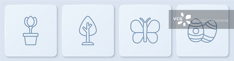 盆栽郁金香、蝴蝶与森林线条组合图片素材