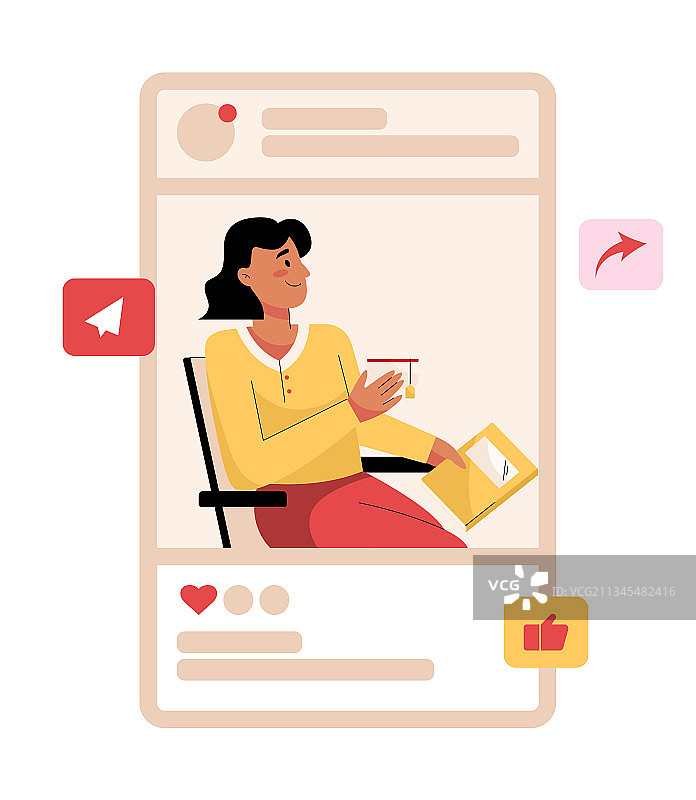 社交媒体概念：女人在阅读和饮用图片素材