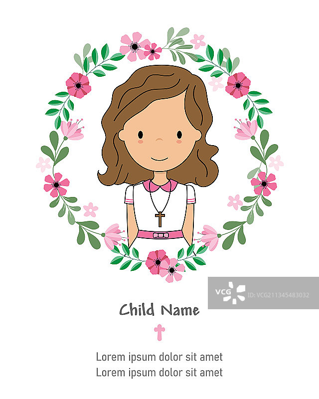 我的第一次圣餐卡女孩在花框内图片素材