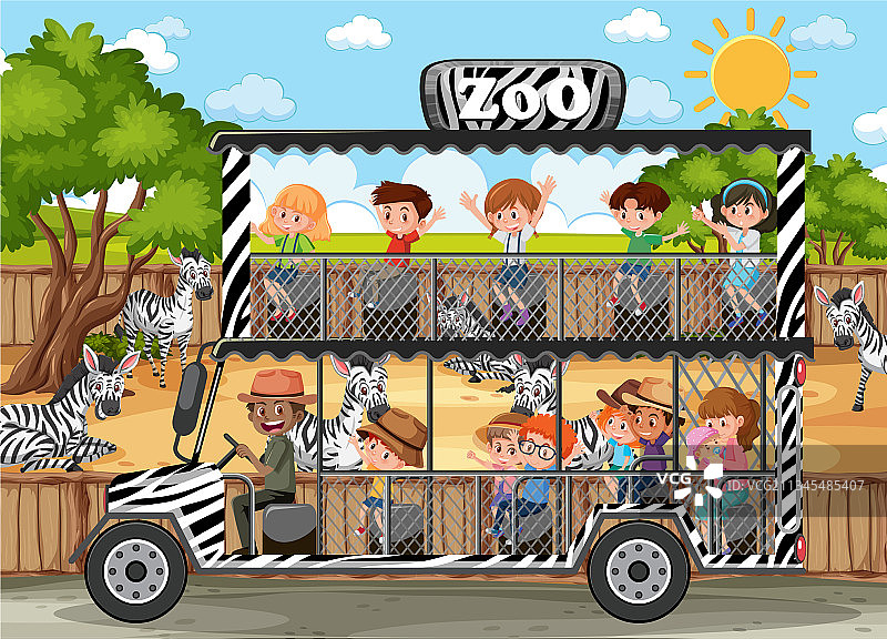 孩子们在游览车上观看的野生动物场景图片素材