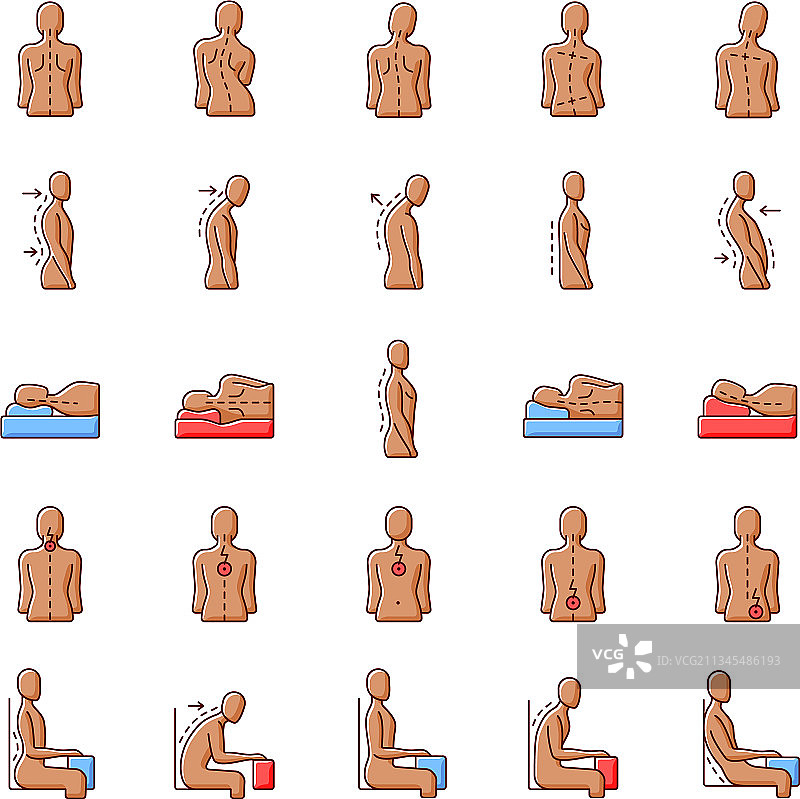 背部和姿势问题RGB颜色图标集图片素材