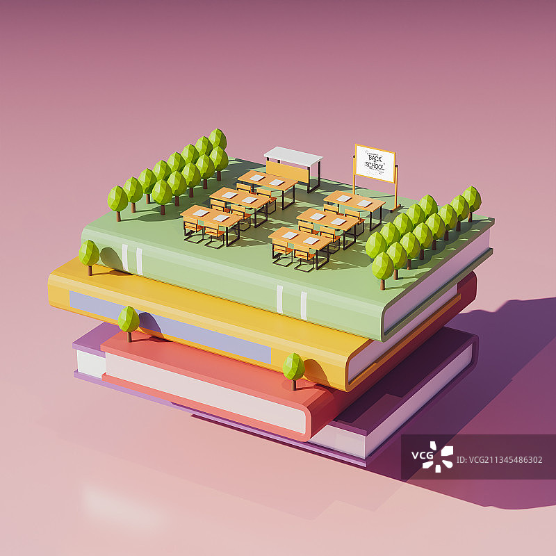 3D卡通风格开学季主题教室书籍插画图片素材