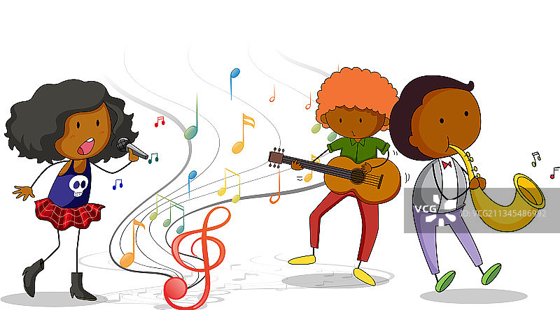 白色背景上的涂鸦卡通人物乐队图片素材
