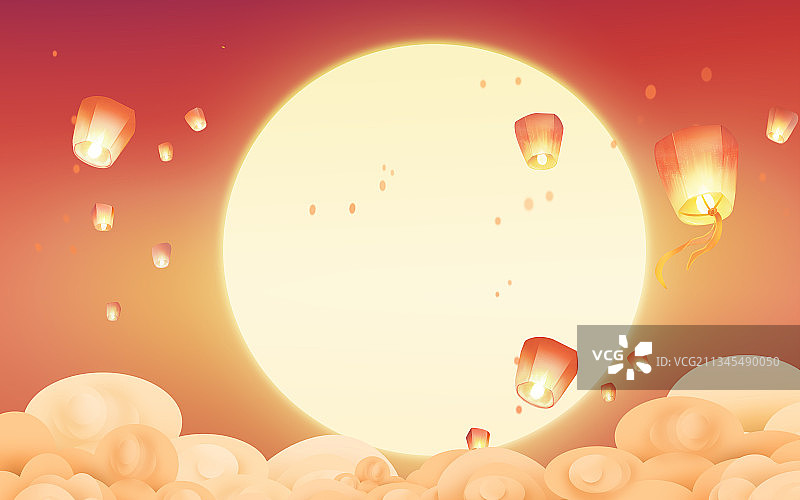中秋节月圆孔明灯背景插画图片素材