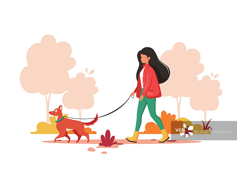 在秋季户外活动中带着狗行走的女人图片素材