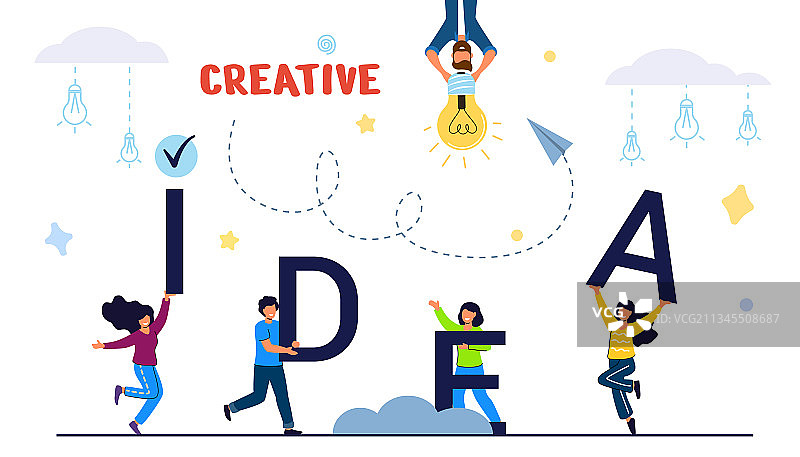 带飞行灯泡的创意小人图片素材