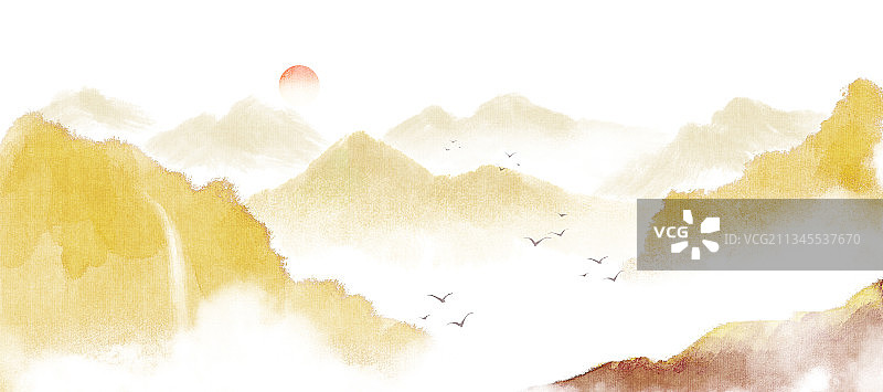 新中式秋天的山川大地风景插画图片素材