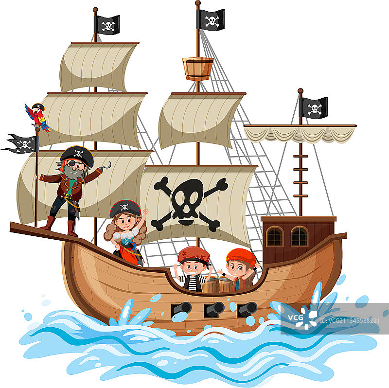 海盗船在海浪上，许多孩子图片素材
