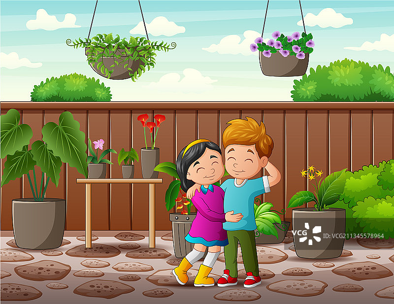 卡通花园里的青少年情侣图片素材