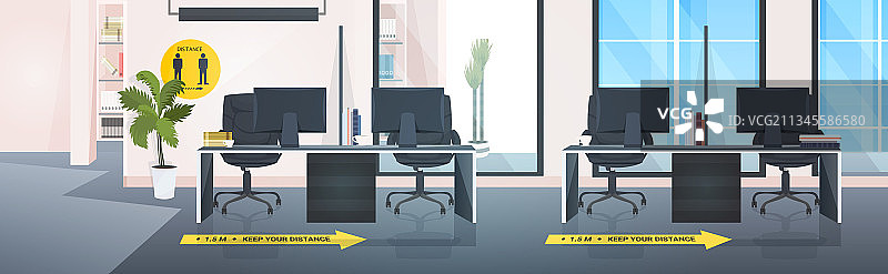 带有社交距离标志的办公桌图片素材