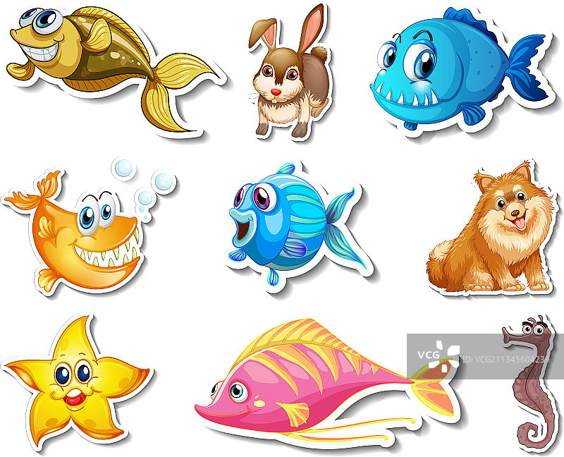 海洋动物和卡通狗贴纸套装图片素材