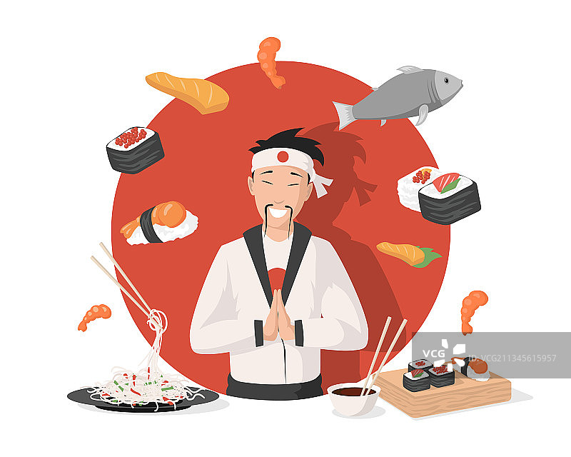 穿日式和服的扁平风厨师图片素材