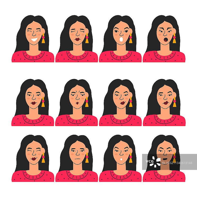 可爱的女人面部表情图案，白色背景隔离图片素材