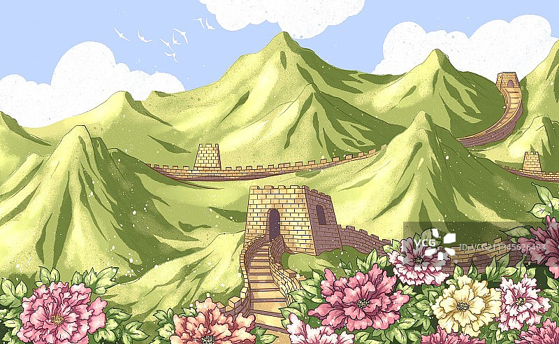 牡丹花和长城节日插画图片素材