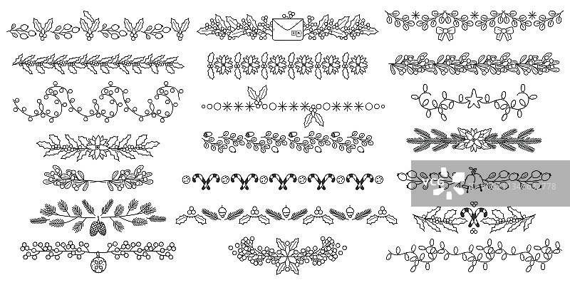 圣诞节涂鸦分隔线：圣诞假日花卉图片素材