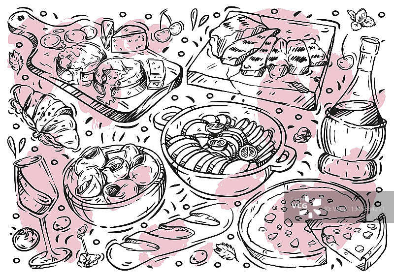 手绘线条：法式美食图片素材