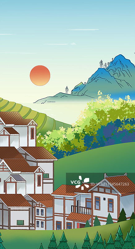 中国风新农村建设美好乡下乡村梯田度假旅游茶园村庄房子背景插画图片素材