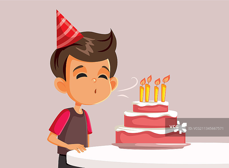 吹生日蛋糕蜡烛的小男孩矢量图图片素材